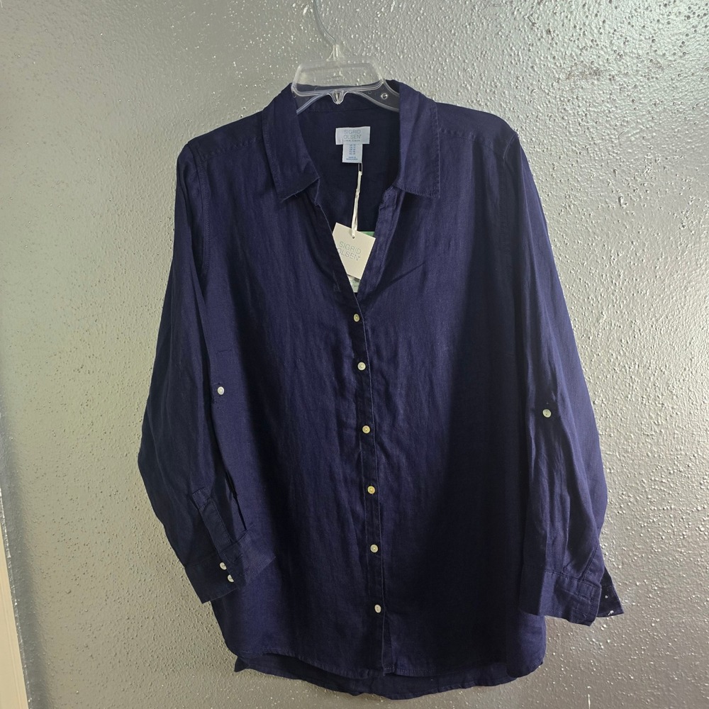 Sigrid Olsen Navy Blue 100% Linen Roll Tab Button Down Shirt Plus Size 1X NWT